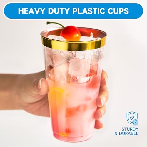RACETOP 16 oz Disposable Plastic Cups with Gold Rim, 100 Pack