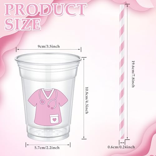 Jingmore 50 Sets Nurse Graduation Plastic Cups with Lids and Straws Cute Disposable Cold Beverage Drinking Cups for Birthday Party Decorations Supplies