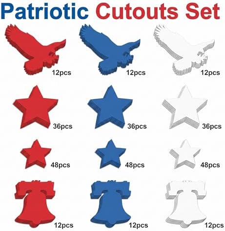 4th of July Decorations - 324 PCS Red White Blue Paper Star Eagle Liberty Bell Shape Cutouts Pre-Cut Set - Fourth of July Accessories, Patriotic Party Supplies Decor,250th Anniversary USA Merchandise