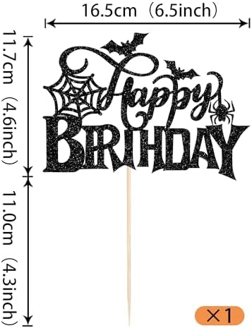 1 PCS Halloween Happy Birthday Cake Topper Black Glitter Spider Web Bat Cake Pick Halloween Party Decorations for Baby Shower Kids Birthday Party Cake Decorations Supplies