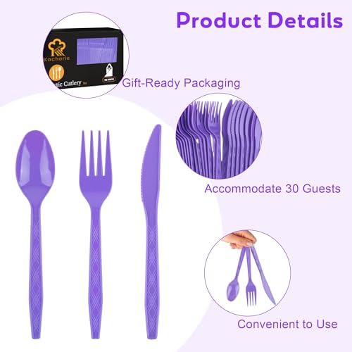 Kochorie 90 Pieces Purple Plastic Cutlery Set