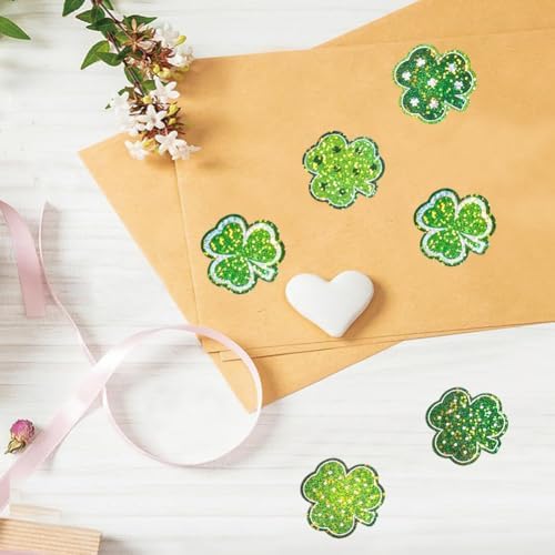 500Pcs St. Patrick's Day Stickers Roll 1in Laser Glitter Shamrock Stickers 3 Designs Self-Adhesive Holographic Clover Sticker Decor for Irish Holiday Party Scrapbook Envelopes Decals Decorations
