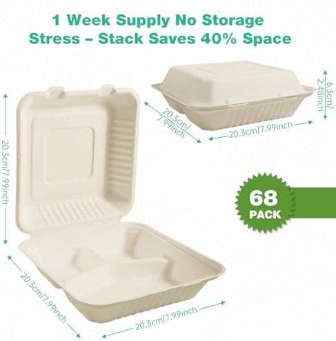 8x8 Inch 68 Pack 3-Compartment Clamshell Take Out Food Containers, Compostable Disposable Paper To Go Boxes with Lids, Heavy Duty Sugarcane Bagasse Containers for Meals & Sides, Natural