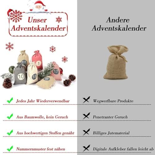 Christmas Advent Calendar Bags, 24 Days Countdown Calendar Burlap bags Hanging Advent Calendar Gift Favors for Xmas Decorations, Reusable Fabric Bags With Drawstring Closure(retro country style)