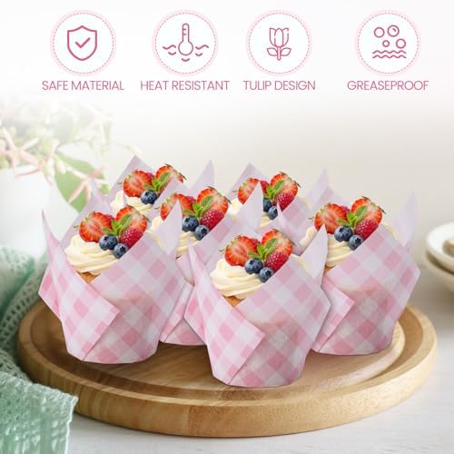 Maxdot 200 Pcs Pink Gingham Tulip Cupcake Liners for Baking Plaid Paper Muffin Baking Cups Checkered Tulip Muffin Liners Wrappers for Bridal Baby Shower Wedding Birthday Party Decor