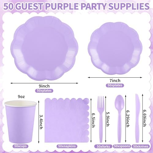 350 Pcs Lavender Plates and Napkins Serve 50, Light Purple Party Supplies