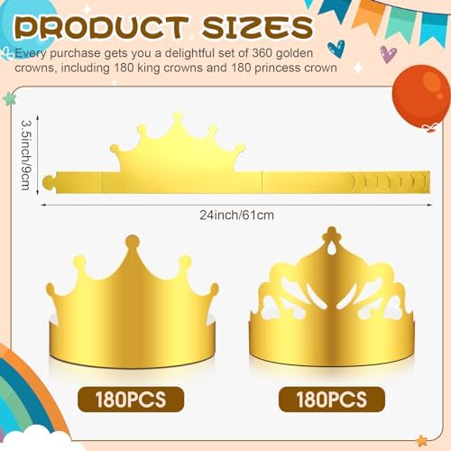 Nezyo 360 Pcs Paper Crowns Bulk King and Princess Crown Hats for Boys Girls Adults Birthday Celebration Supplies Baby Shower
