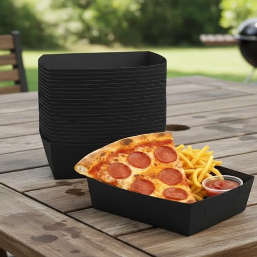 25 Pcs Paper Food Tray 4 lb Large Food Boats Nacho Plates Disposable Serving Snack Trays Large Paper Trays Boat for Nachos, Hotdogs, Tacos, Fries (Black)