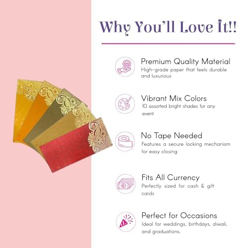 LoveNspire Money Envelopes (7.5 x 3.5 Inch) Elegant Floral Paisley Pattern Shagun Lifafa for Indian Wedding, Birthday | Cash Gift Holder & Home Savings Organizer Pack of 10