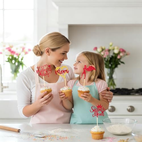 Mothers Day Cupcake Toppers, 24 PCS Mothers Day Party Decorations, Glitter Red Happy Mother's Day Super Mom Cupcake Toppers Cake Decorations Food Picks for Mother's Day Party Decoration Supplies