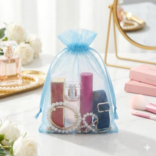 FUNFERY 100PCS Baby Blue Organza Gift Bags 6x9in,Drawstring Jewelry Pouch