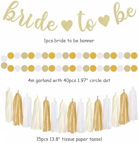 Champagne Gold White Bridal-Shower Party-Decorations - 31pcs Bride to Be Banner,Boho Neutral Bachelorette Paper Lanterns,Wedding Streamers Garland,Tissue Pom Poms Flower Fan Decor Supplies Burgleda