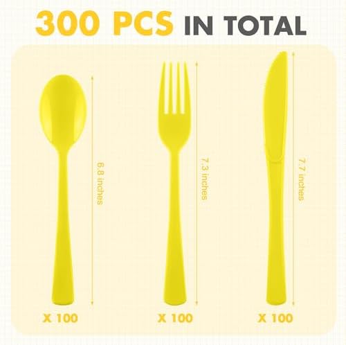 Kochorie 300 Pieces Yellow Plastic Silverware, Disposable Plastic Utensils