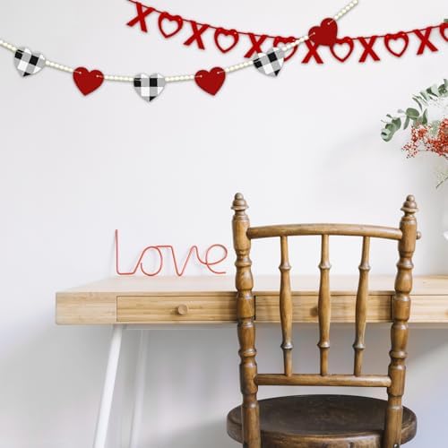 Valentine's Decoration, Red Black White Buffalo Plaid Heart Felt Wooden Bead Garland for Tiered Tray Hanging XOXO Felt Banner for Home Farmhouse Office Wall Fireplace Mantel Shelf Wedding Decor, 4.6Ft