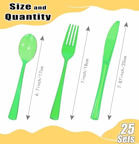 HEIPINIUYE 75 Pack Green Clear Plastic Cutlery Heavy Duty Clear Green Plastic Knives Forks and Spoons Disposable Silverware Set for 25 Guest Camping Birthday Baby Shower Party Utensil Set