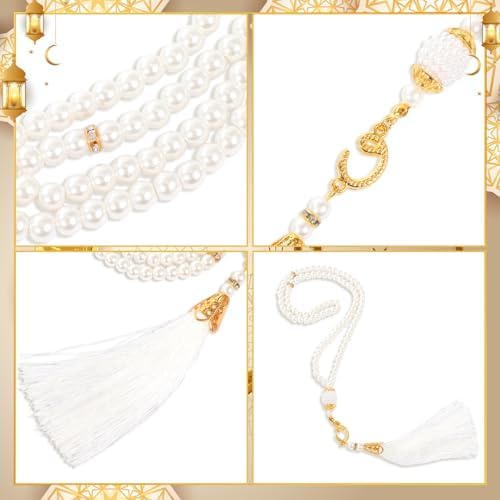 HOWAF Eid Gifts Set with Mosque Shape Card & Prayer Beads, Ramadan Mubarak Greeting Card with Envelope and Ramadan & Eid Pearl Zikirmatic Beads with Box, Islamic Present for Women, Muslim Celebration Gift Set