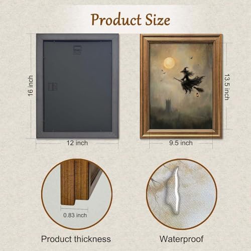 Wemandh Vintage Halloween Wall Art, Gold Framed Flying Witch on Broom Canvas Print, Spooky Full Moon Castle Picture, Dark Academia Goth Room Decor for Home (12'' x 16'')