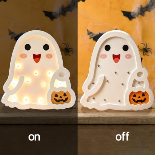 FOIMAS Halloween Wooden Table Sign, 7.8" Light Up Ghost Tabletop Decoration for Desk Tabletop Halloween Party Home Bedroom Office Gifts Trick or Treat