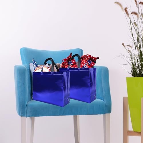 cabzymx 15 Pcs Glossy Blue Reusable Gift Bags with Handles, Party Gift Bags Bulk with Sturdy Bases, Ideal Goodie Bag for Birthday, Wedding, Christmas, Holiday-12.6 x 4.7 x 11 In