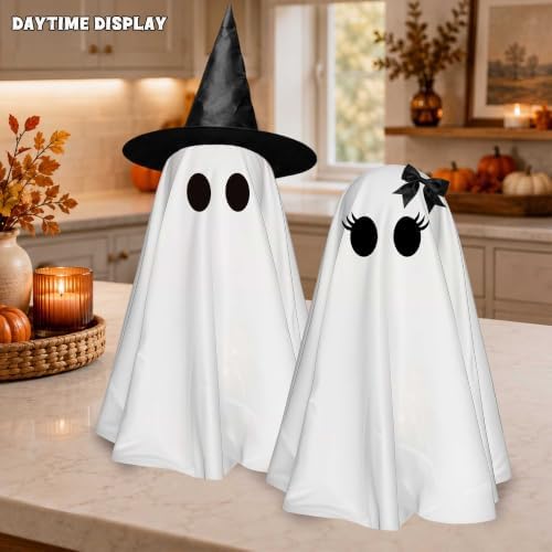 2 Pack 24 Inch Halloween Ghost Decorations, Light Up Ghosts with Witch Hats, DIY Spooky Ghost Decor with LED Lights for Porch Yard Lawn Garden Home Halloween Party