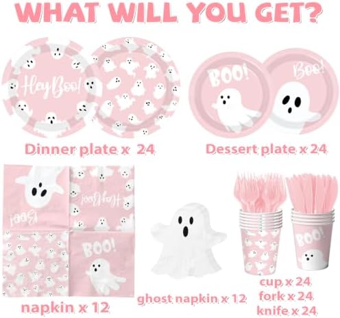 Halloween Paper Plates and Napkins, 144Pcs Pink Halloween Decor Ghost Plates and Napkins Cute Boo Ghost Tableware Set for Hallo-ween Birthday Party Decorations Boo Baby Shower Party Supplies (Pink)
