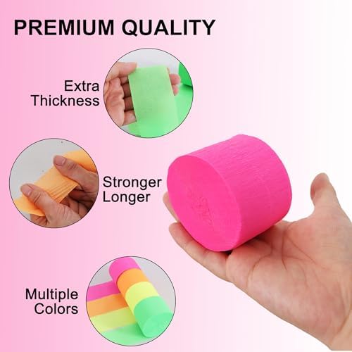 BEISHIDA Glow in The Dark Party Supplies，8 Rolls Neon Crepe Paper Streamers for Neon Summer Party Birthday DIY Craft Paper(1.8 Inch x 82 Ft/Roll)