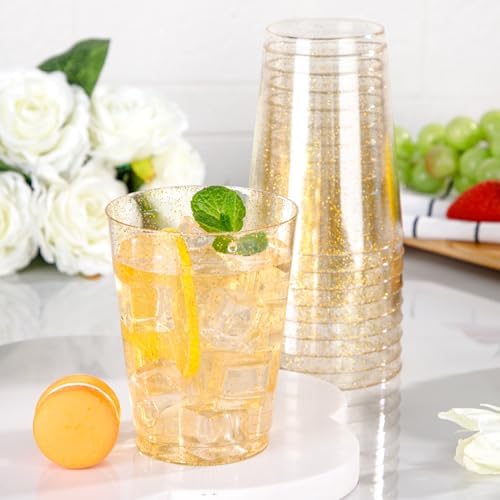 I00000 60 Pcs Gold Plastic Cups, 10 oz Hard Gold Glitter Disposable Cups