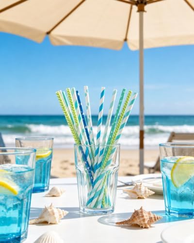 Blue Paper Straws 150pcs Disposable Bulk(10 Pattern) qiqee