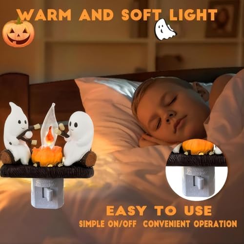 Ghosts Roasting Marshmallows Night Light, Halloween Nightlight Plug In Lamp