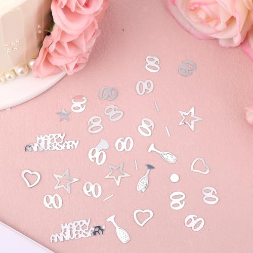 60th Wedding Anniversary Decorations, 30g Silver Heart Star Wine Glass Anniversary Table Confetti Scatter Cheers Glitter 60th Wedding Party Supplies for 60 Years Decor