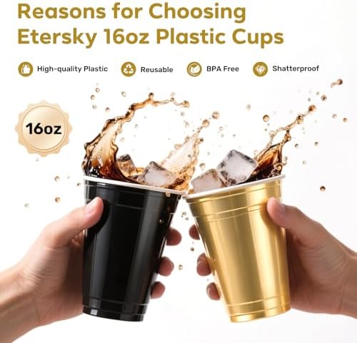 100 Pack Halloween Black and Gold Cups 16 oz, Disposable Plastic Party Cups