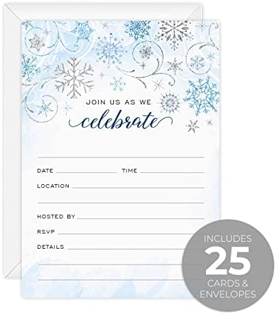 Canopy Street Faux Glitter Winter Party Fill In Invitations / 25 Snowflake Invites With White Envelopes / 5" x 7" Elegant Snow All Occasion Event Invites/Made In The USA