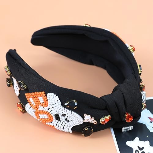 Halloween Boo Headband for Women Crystal Pearl Knotted Hairband Beaded Black Orange Wide Knot Headband for Girls Adult Halloween Spooky Ghost Accessories Outfits Gifts
