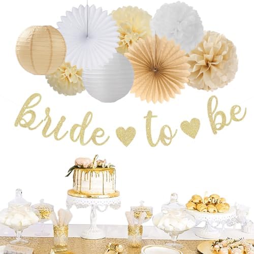 Champagne Gold White Bridal-Shower Party-Decorations - 31pcs Bride to Be Banner,Boho Neutral Bachelorette Paper Lanterns,Wedding Streamers Garland,Tissue Pom Poms Flower Fan Decor Supplies Burgleda