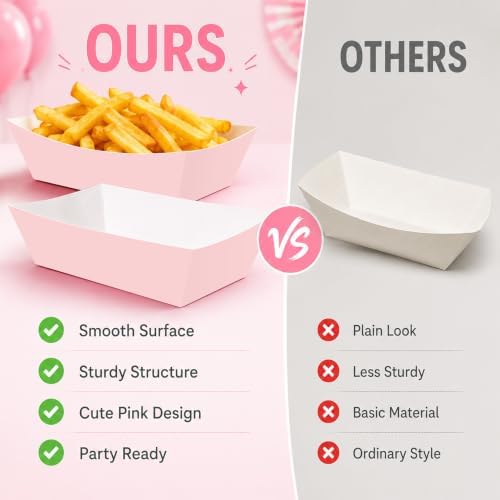100 Pcs Pink Paper Food Trays, Pre-Folded Disposable Snack Boats for Popcorn, Candy, Fries, Nachos, Desserts, Pink Party Supplies for Birthday, Baby Shower, Bridal Shower, Dessert Table