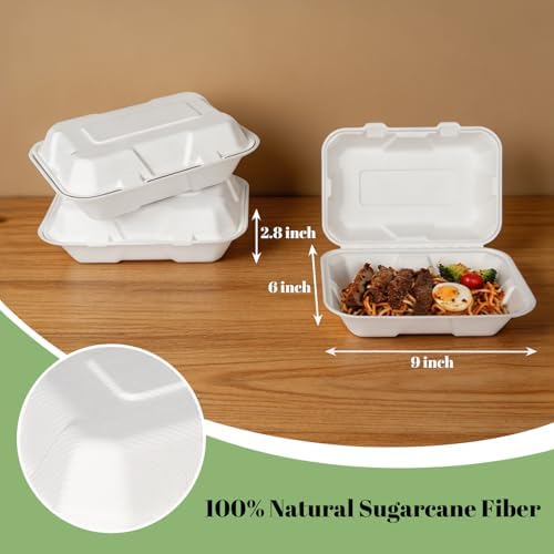 Lucklot 100 Pack 9×6 Inch White Compostable Bagasse Takeout Food Containers