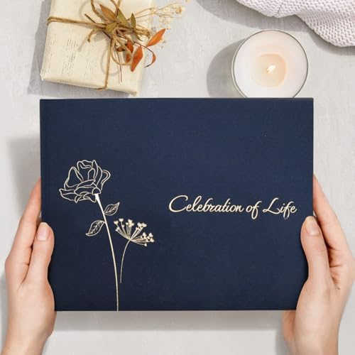 Rymori Funeral Guest Book for Memorial Service - with Pen, Cards, Table Sign & Back Pocket, Guests Sign in Book Celebration of Life | in Loving Memory Memorial Service Guest Book, Navy Blue Linen