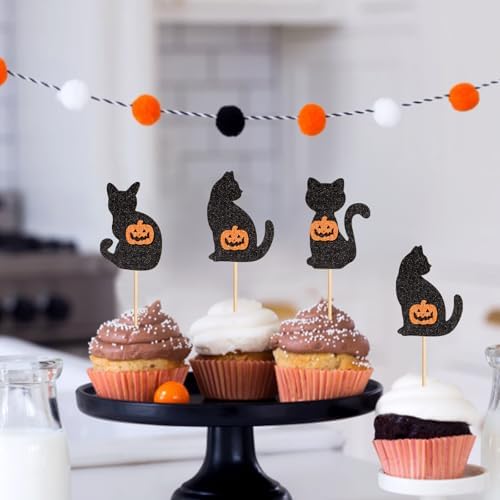 24Pcs Halloween Cat Cupcake Toppers Pumpkin Kitty Cupcake Picks
