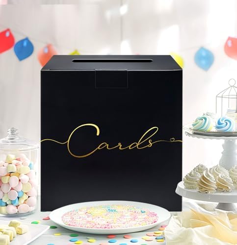 HEIPINIUYE Large Card Box for Party 9.8" x 9.8" Black Gift Card Box Holder with Gold Foil Design for Wedding Birthday Baby Shower Retirement Graduation Party Raffle Box