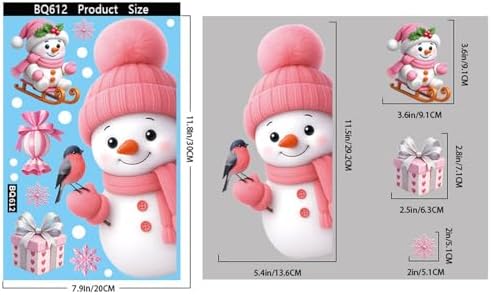 Christmas Window Clings Stickers for Glass Snowman Santa Deer Christmas Tree Stickers Pink Double-Sided Static Decals for Winter Window Art Decoration