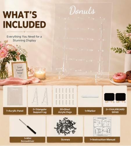 Large Acrylic Donut Wall Display Stand with 30 Pegs and 2 Chalkboard Signs