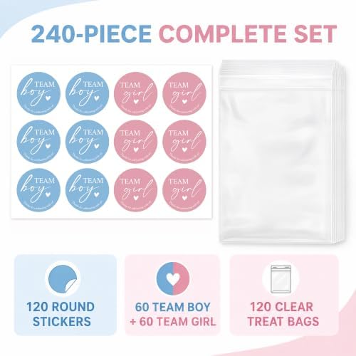 Gender Reveal Party Favor Bags, 120 Team Boy or Girl Stickers and 120 Clear Treat Bags, 1.6 Inch Pink and Blue Labels for Candy, Snacks and Baby Shower Decorations