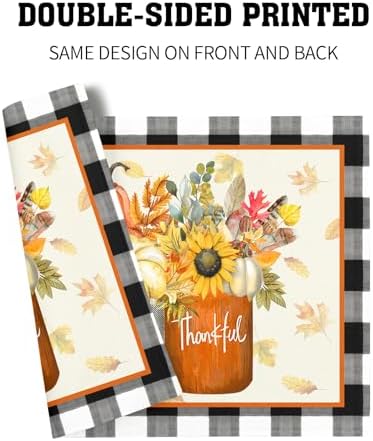 Fall Placemats Set of 4 18x12 Inch Autumn Flower Leaf Linen Place Mats Heat-Resistant Washable Wipeable Buffalo Check Plaid Table Mat for Party Kitchen Dining Room Dinner Decor