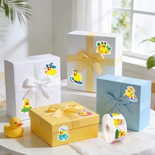 Whaline 1000Pcs Summer Hawaiian Rubber Duck Roll Stickers Self-Adhesive Summer Luau Yellow Duck Label Decals for Envelope Water Bottle Scrapbook Decor Tropical Birthday Party Supplies