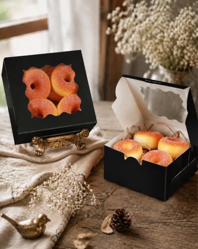 qiqee Black Cookie Boxes with Window 36packs 6x6x3 Black Bakery Box Pastry Box for Wedding Favor Birthday ＆ Party