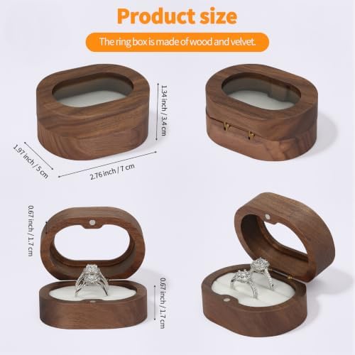 KUKUVR Oval Wooden Ring Box with Clear Window, Ring Holder Box for Wedding Day Engagement Proposal, Jewelry Gift Storage Box for Women (White - 2 Slots)