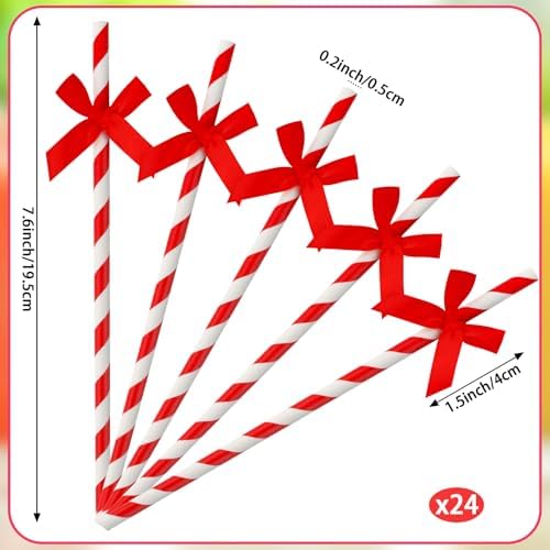 24 Packs Red Bow Biodegradable Striped Paper Straws, Red and White Disposable Drinking Straws for Birthday Carnival Summer Pool Party Wedding Baby Shower Halloween Christmas Party Decoration Supplie