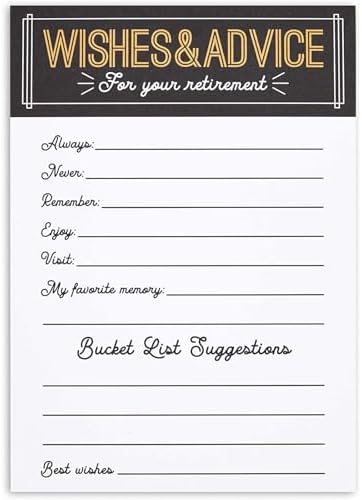 Sparkle and Bash Retirement Advice Cards & Wishes - 5 x 7-Inch, 36 Pack, Black Letter Print - Party Games, Well Wishes & Memory Advice for Retiree