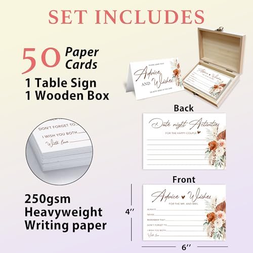 Boho Advice and Wishes for the Mr and Mrs - 50 Packs Wedding Advice Cards Bridal Shower Game Cards with Box Reception Guest Book for Bride Groom Newlywed Engagement Party Decoration -A08