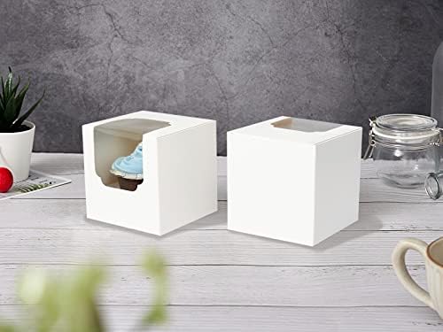 100 Pcs Individual Cupcake Box White with Insert, 3.5" Treat Boxes with Window Bulk for Hot Cocoa Bombs and Cookies, Pre-Assembled for Easter Wedding Birthday Baby Shower Party